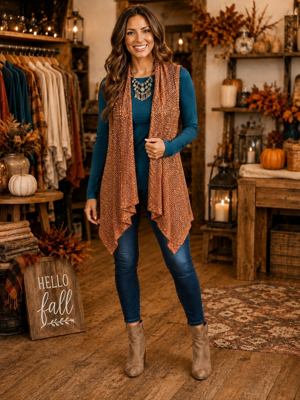Open-Front Knit Vest - Rust Orange Layering Vest for Women